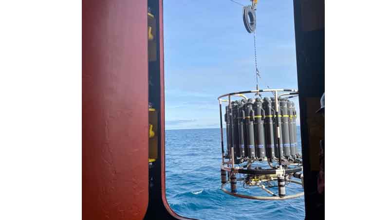 CTD rosette being lowered into the water off the side of the R/V Nathaniel B. Palmer.