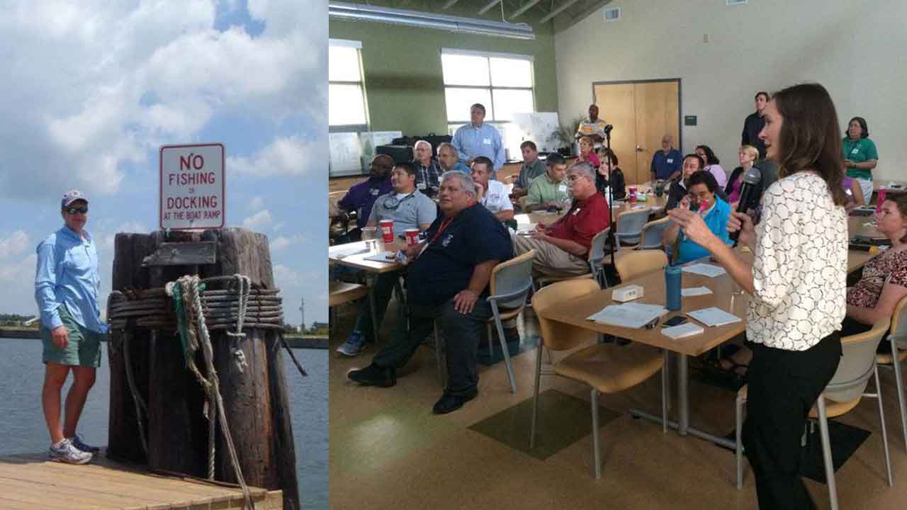 man on dock to left, woman at meeting on right