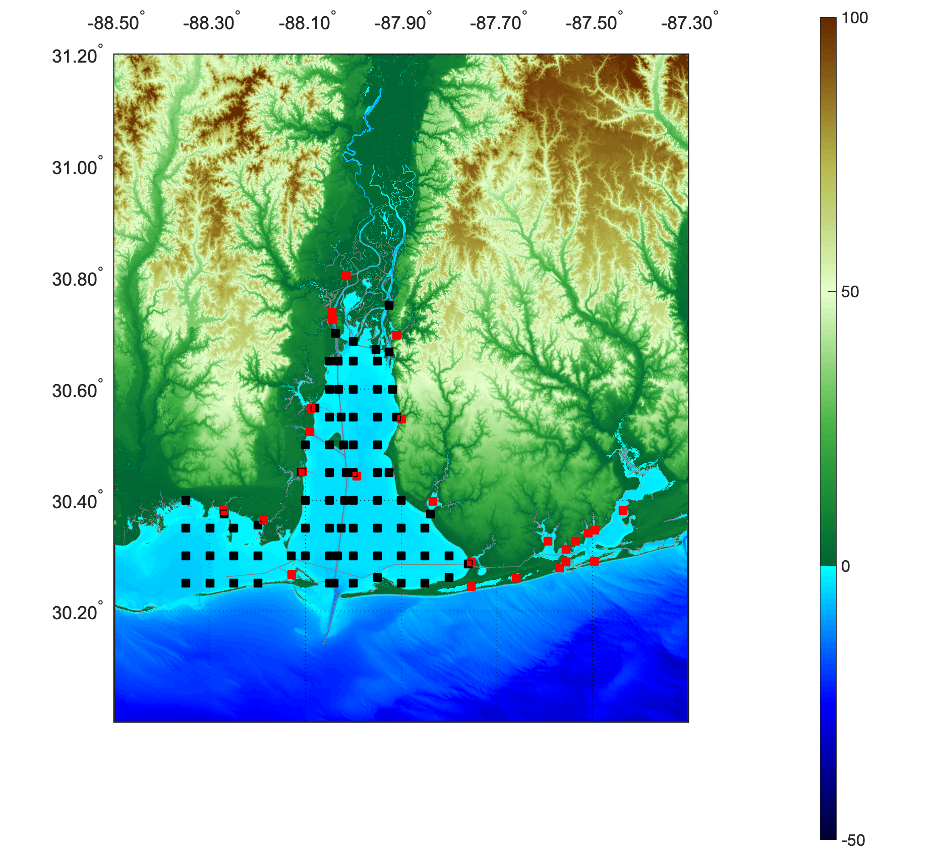 Map of sampling locations in Perdido Bay, Mobile Bay, Mobile River Delta, and Mississippi Sound. Black squares are stations where only water is sampled. Red stations are where both water and sediments are sampled. Field observations are used to quantify biogeochemical cycling rates and long-term patterns and trends. Observations are also used as calibration and validation data for numerical models and satellite ocean color algorithms.