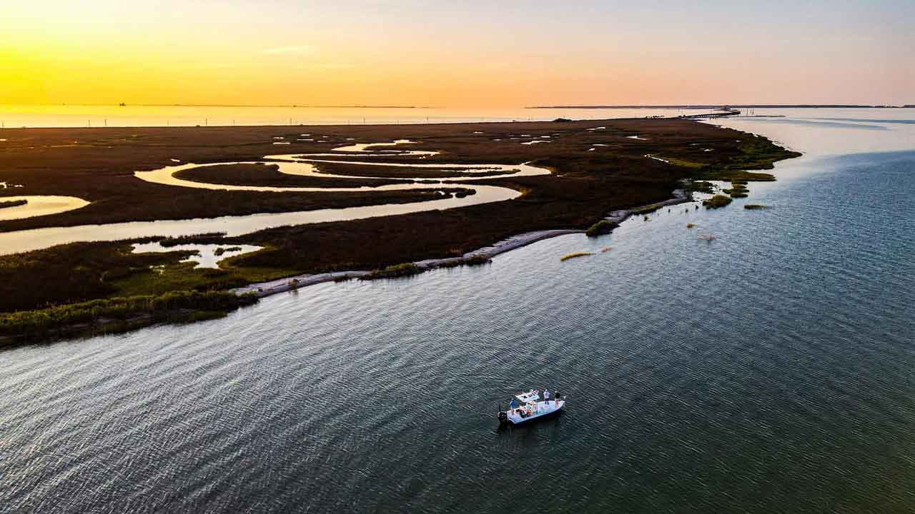 marshlands with boat in foreground